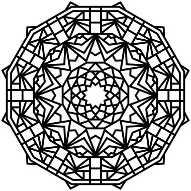 Geometrik mandalalar. Boyama kitabı sayfası. Zigzag süsü. Tasarım için yuvarlak element. Dekoratif süs. Dövme için çizim. Etnik Fraktal Mandala. Grafik ögesi.