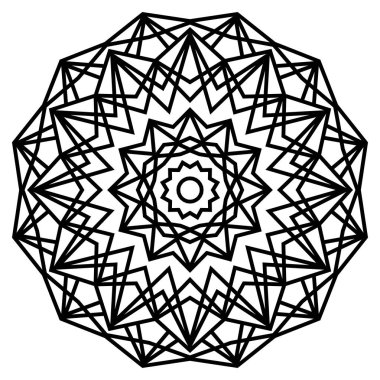 Geometrik mandalalar. Boyama kitabı sayfası. Zigzag süsü. Tasarım için yuvarlak element. Dekoratif süs. Dövme için çizim. Etnik Fraktal Mandala. Grafik ögesi.