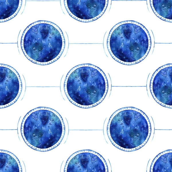 Watercolor Seamless Pattern Symbolize Planets Blue Circles White Background — Stock Photo, Image