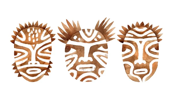 Tribal people with a paint on their faces. Brown watercolor raster illustration isolated on white.