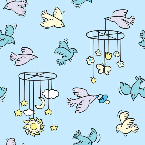 Baby boy blue seamless pattern with flying birds carrying mobile — Stock Vector