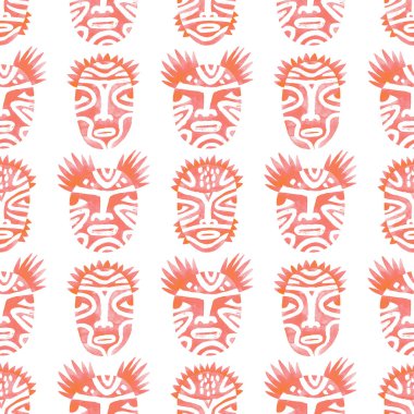 Pembe kabile yüzler ile Dikişsiz desen. Suluboya. Raster.