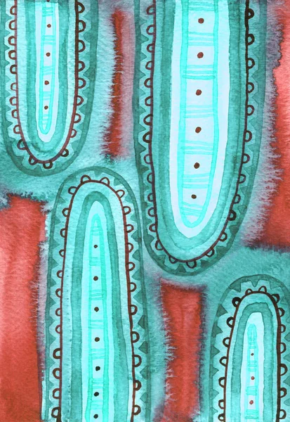 Röd och cyan tribal art abstrakt bakgrund. Raster akvarell i — Stockfoto