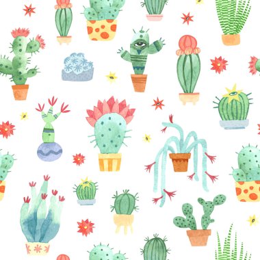 Suluboya kaktüsler beyaz üzerinde dikişsiz desen. Vektör arka planı.