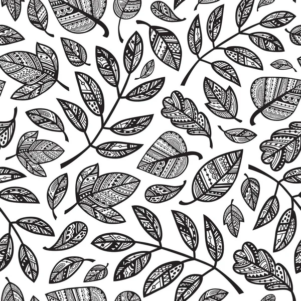 Black and white ornamental leaves seamless pattern. Vector illus — Stock Vector