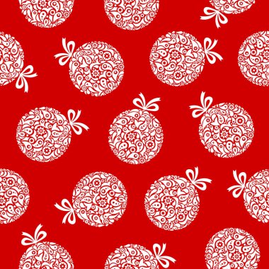 Kırmızı ve beyaz Noel süslemeleri dikişsiz desen. Vektör arka planı.