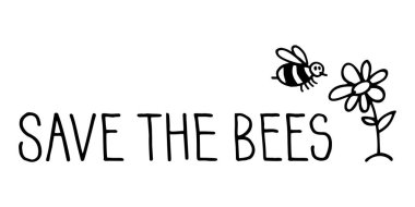 Arılar minimalist yazı ve çizim kaydedin. Elle çizilmiş vektör işareti.