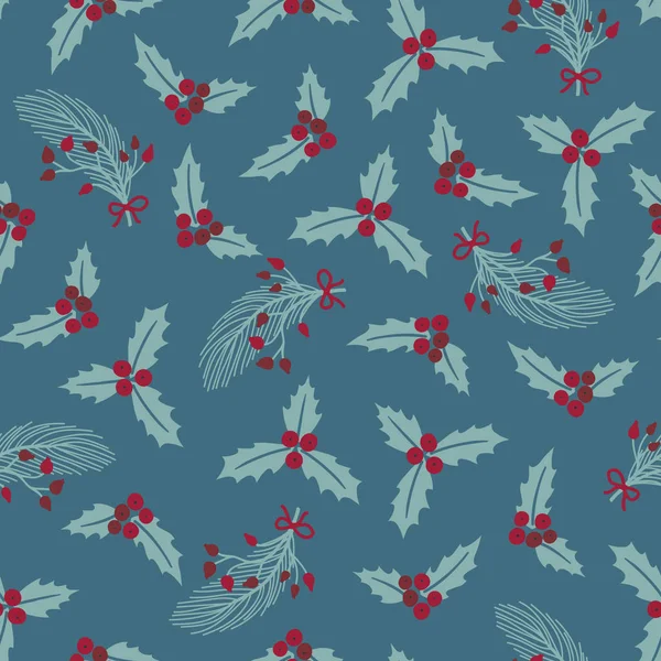 Kış florası ile dikişsiz Noel deseni. Holly ve çam dalları ve kırmızı çilek ile buket. Vektör.