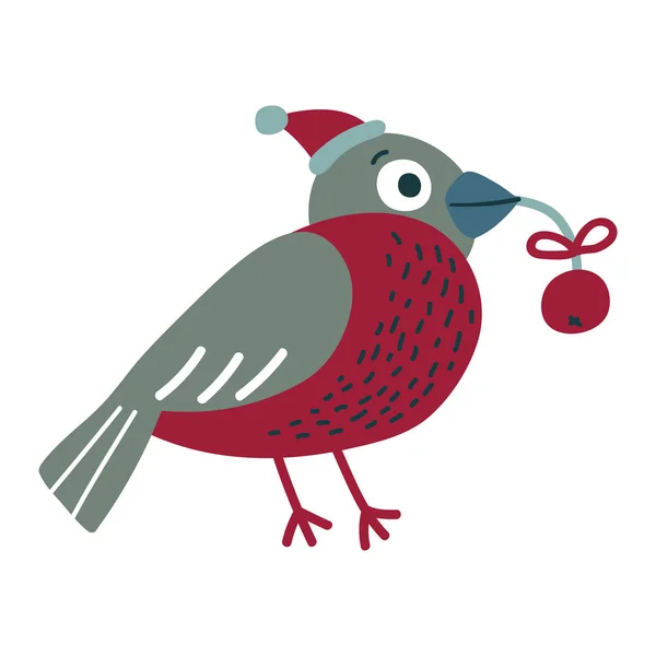 Cute Bullfinch Holding Berry Present Christmas Vector Illustration Isolated White — Stock Vector