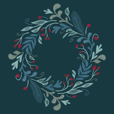 Kış florası, dalları, yaprakları ve çilek ile yuvarlak çerçeve. Vektör şablonu. Noel için mükemmel.