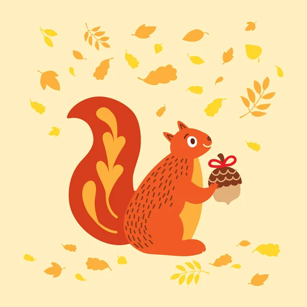 Greeting Card Cute Squirrel Holding Acorn Cartoon Autumn Vector Illustration — Stock Vector