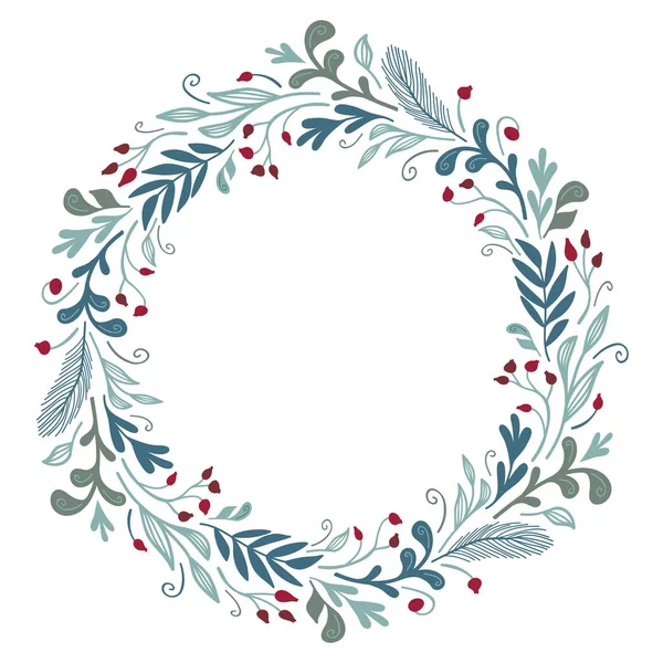 冬の植物 葉やベリーとラウンドフレーム ベクトル テンプレート クリスマスに最適 — ストックベクタ