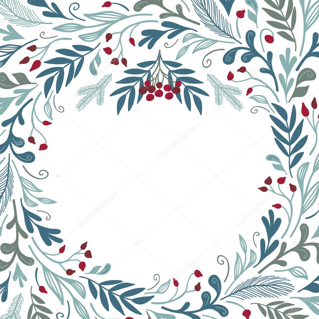 Round frame with winter flora, branches, leaves and berries. Vector template. Perfect for Christmas.