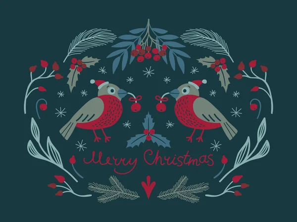 Leuke Kerstkaart Met Twee Laken Winter Flora Vector Illustratie Belettering — Stockvector