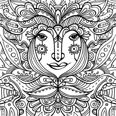 Çiçek yaprakları ve süslemelerle çevrili fantezi yüz. El çizimi boyama sayfası. Doğrusal siyah ve beyaz vektör grafik çizimi. Zen-doodle sanat, dövme tasarımı, müzik albümü kapağı.