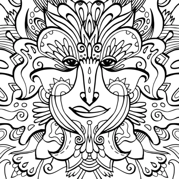 Fantasy Face Surrounded Flower Petals Ornaments Hand Drawn Coloring Page — Stock Vector