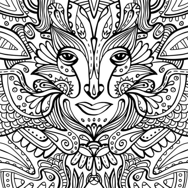 Fantasy Face Surrounded Flower Petals Ornaments Hand Drawn Coloring Page — Stock Vector