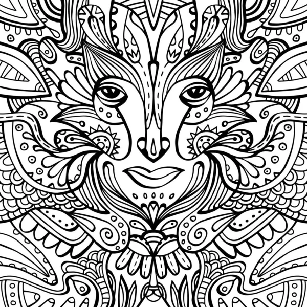 Visage Fantastique Entouré Pétales Fleurs Ornements Coloriage Dessiné Main Illustration — Image vectorielle