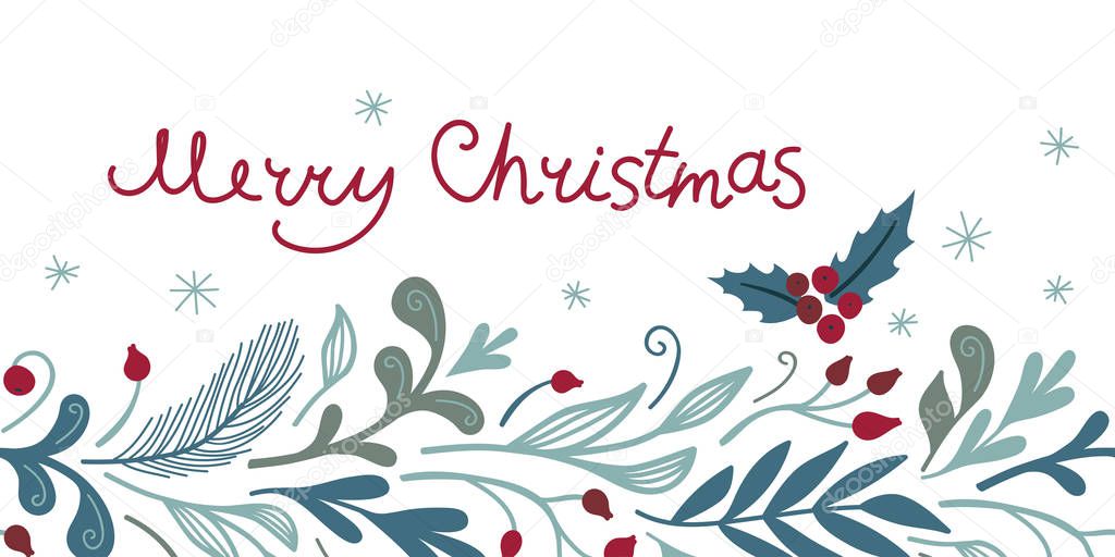 Merry Christmas horizontal card. Vector template for greeting, holiday banner. Hand drawn lettering and winter flora elements.