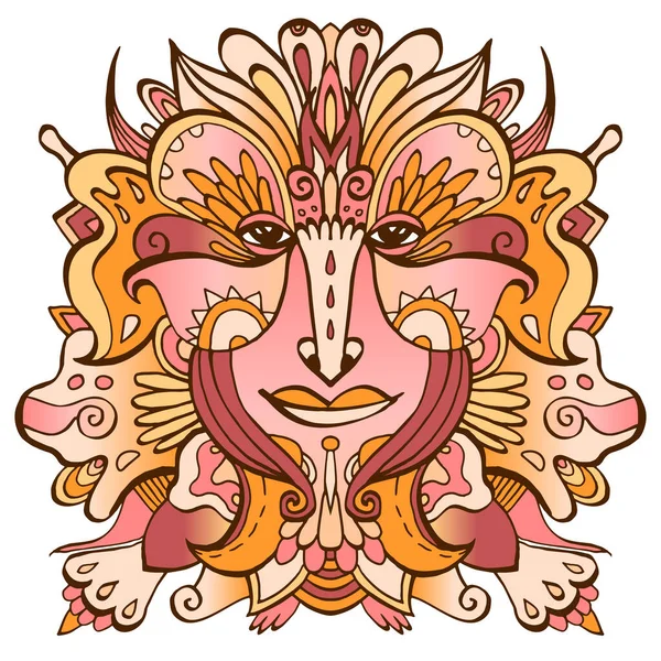 Colorido Rostro Adornado Duende Cuento Hadas Diosa Étnica Ornamentada Dibujada — Vector de stock