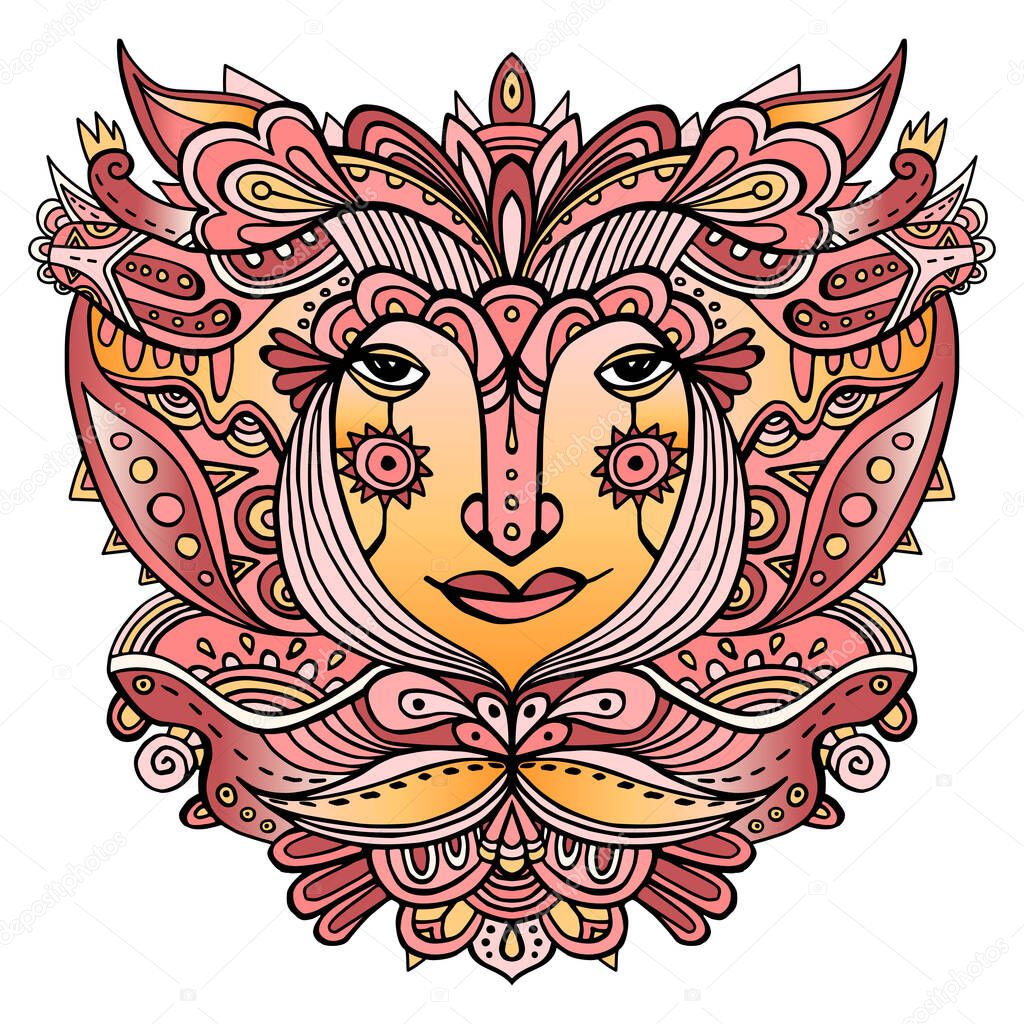 Colorful ornate face of a fairytale princess. Hand-drawn ethnic ornate godess. Tribal tattoo. Vector illustration.