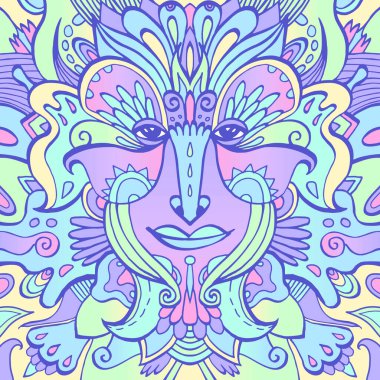 Peri masalı cininin renkli yüzü. Elle çizilmiş etnik tanrıça. Kabile dövmesi. Vektör illüstrasyonu.