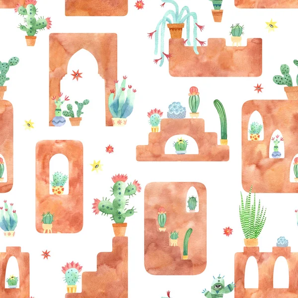 Watercolor cactus city seamless pattern on white. Desert background. Spanish or moroccan style illustration. Perfect for fabric, packaging, decor.