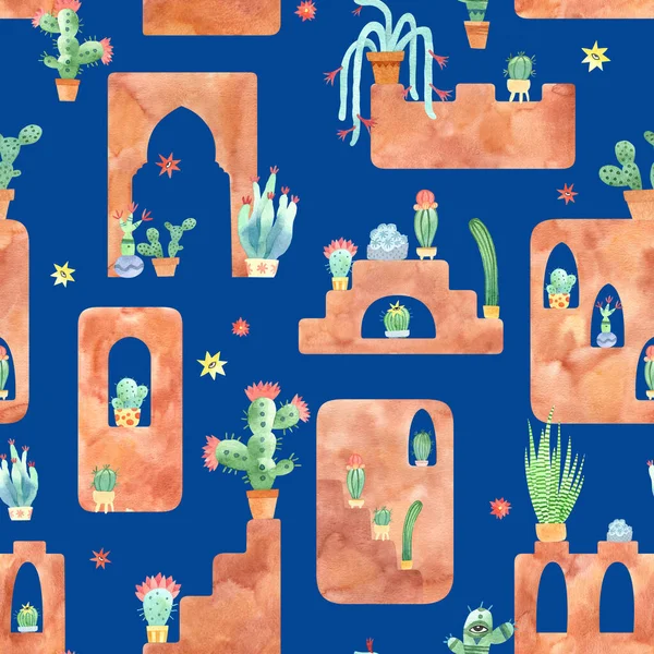 Watercolor Cactus City Seamless Pattern Blue Desert Background Spanish Moroccan — Stock Photo, Image