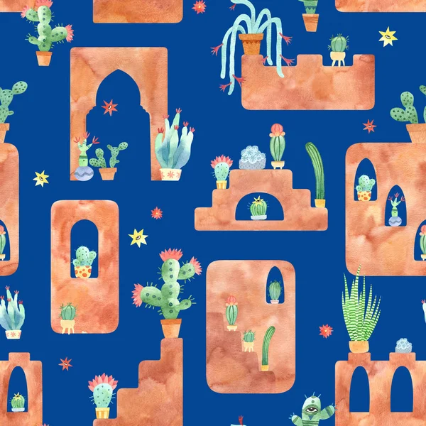 Watercolor cactus city seamless pattern on blue. Desert background. Spanish or moroccan style illustration. Perfect for fabric, packaging, decor.