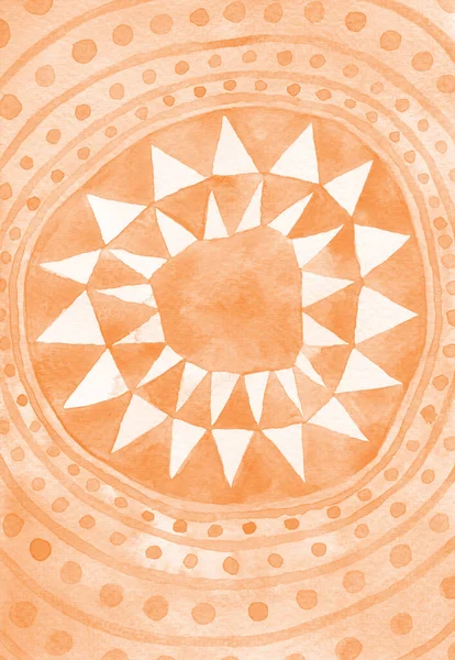 Peach tribal abstract watercolor background with a circle of triangles. Hand painted ornate backdrop texture inspired by African culture. Great for cover, packaging, cards.