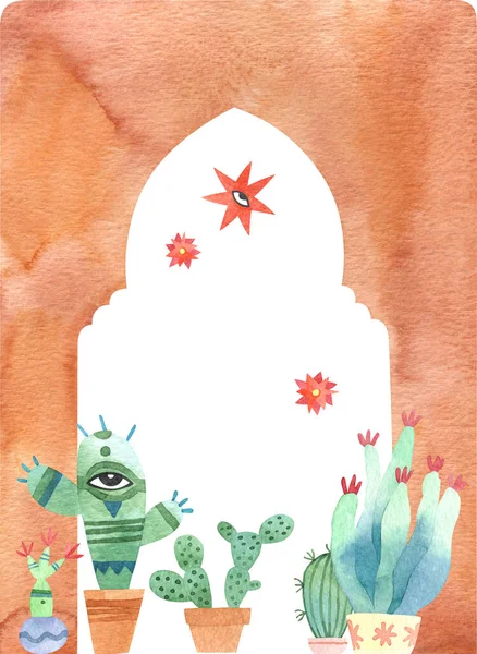 Akvarell Bakgrund Med Terrakotta Orientalisk Båge Och Kaktusar Jordtoner Bränd — Stockfoto
