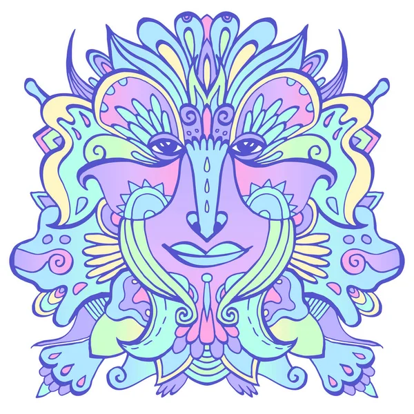 Colorido Rostro Adornado Duende Cuento Hadas Diosa Étnica Ornamentada Dibujada — Vector de stock