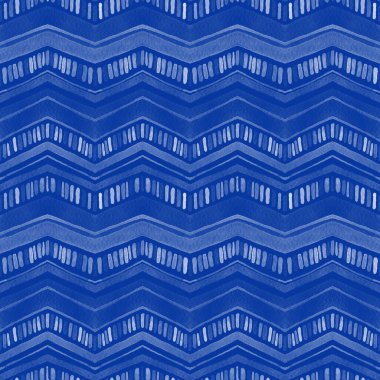 Klasik mavi suluboya zig zag dikişsiz desen. Elle boyanmış modern geometrik süs. Arkaplan, tekstil ve kırtasiye tasarımı için uygun, ev dekorasyonu.