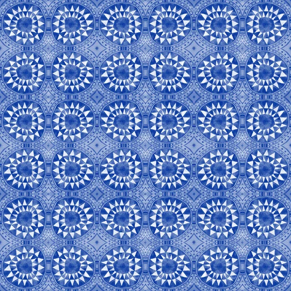 Classic Blue Tribal Watercolor Seamless Pattern Circle Triangles Hand Painted — Stock Photo, Image