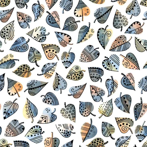 Nette Dekorative Blätter Textur Aquarell Und Tuscheblatt Nahtlose Muster Farbpalette — Stockfoto