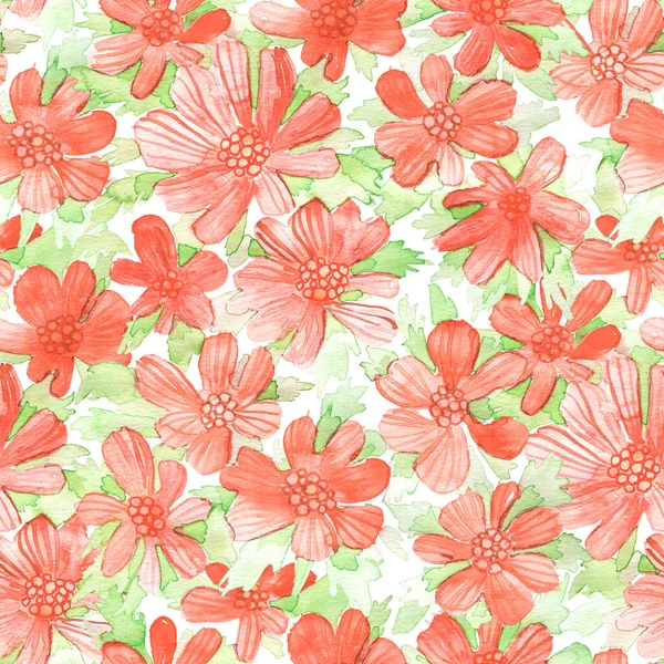 Aquarela Selvagem Vermelho Cosmos Flores Sem Costura Padrão Textura Raster — Fotografia de Stock