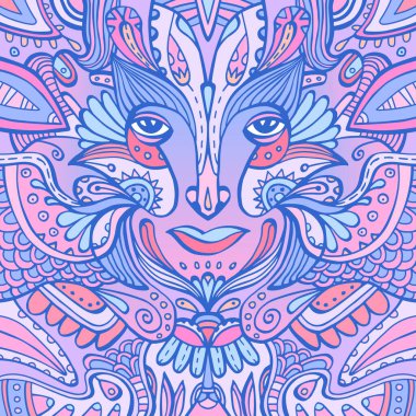 Peri masalı cininin renkli yüzü. Elle çizilmiş etnik tanrıça. Kabile boho dövmesi. Vektör çizimi. Çiçek yaprakları ve süslerle çevrili bir kadın yüzü..