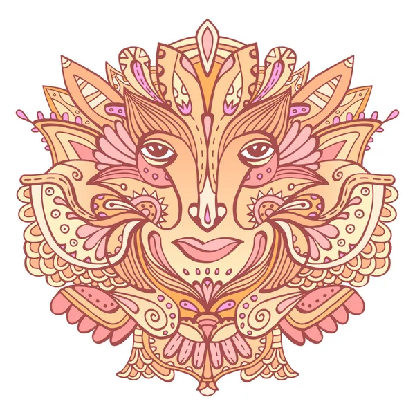 Colorido Rostro Adornado Duende Cuento Hadas Diosa Étnica Ornamentada Dibujada — Vector de stock