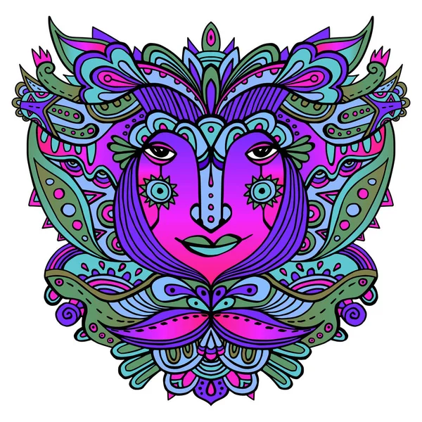 Colorful Ornate Face Fairytale Princess Hand Drawn Ethnic Ornate Godess — Stock Vector