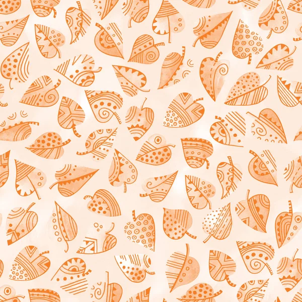 Orange Decorative Leaves Texture Watercolor Ink Leaf Seamless Pattern Great — Stock Photo, Image