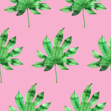 Açık pembe üzerinde suluboya palmiye yaprakları olan basit, pürüzsüz bir desen. Tropikal yapraklı el yapımı raster dokusu. Kumaş, dekor, ambalaj için harika.