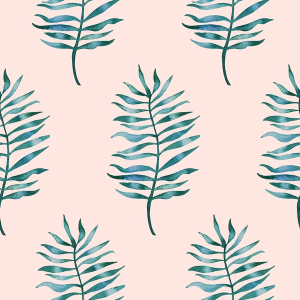 Einfaches Nahtloses Muster Mit Aquarell Palmblättern Auf Hellem Pfirsichhintergrund Handbemalte — Stockfoto