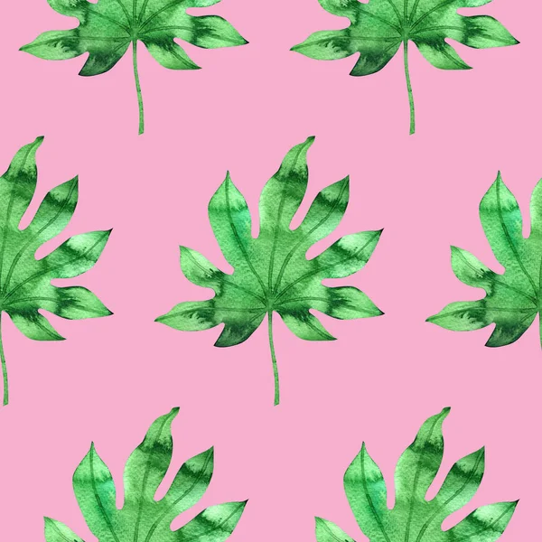 Einfaches Nahtloses Muster Mit Aquarell Palmblättern Auf Leuchtendem Rosa Handbemalte — Stockfoto