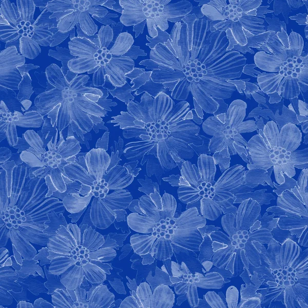 Aquarel Wilde Kosmos Bloemen Naadloos Patroon Klassiek Blauw Kleurenpalet Handgeschilderde — Stockfoto