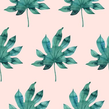 Açık şeftali arka planında suluboya palmiye yaprakları olan basit, pürüzsüz bir desen. Tropikal yapraklı el yapımı raster dokusu. Kumaş, dekor, ambalaj için harika.