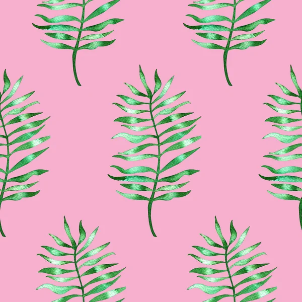 Simple seamless pattern with watercolor palm leaves on bright pink. Hand painted raster texture with tropical leaf repeat. Great for fabric, decor, packaging.