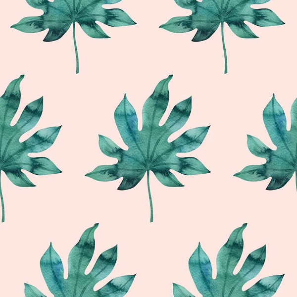 Einfaches Nahtloses Muster Mit Aquarell Palmblättern Auf Hellem Pfirsichhintergrund Handbemalte — Stockfoto