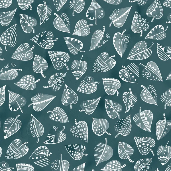 Dark Teal Decorative Leaves Texture Watercolor Ink Leaf Seamless Pattern — Stock Photo, Image