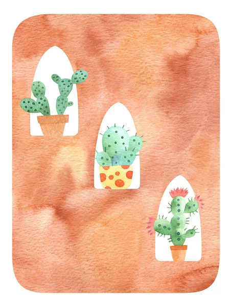 Aquarel Achtergrond Met Terracotta Muren Cactussen Aardetinten Oranje Verbrand Terracotta — Stockfoto
