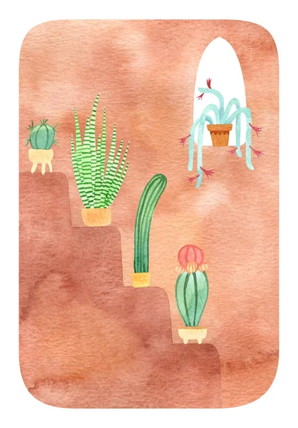 Akvarell Bakgrund Med Terrakotta Väggar Och Kaktusar Jordtoner Bränd Apelsin — Stockfoto